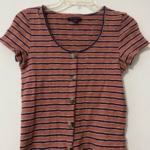 American Eagle Outfitters Rust and Navy Striped Button-Down Shirt